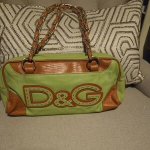 Vintage D&G Lime Green Leather Handbag with Gold Interior